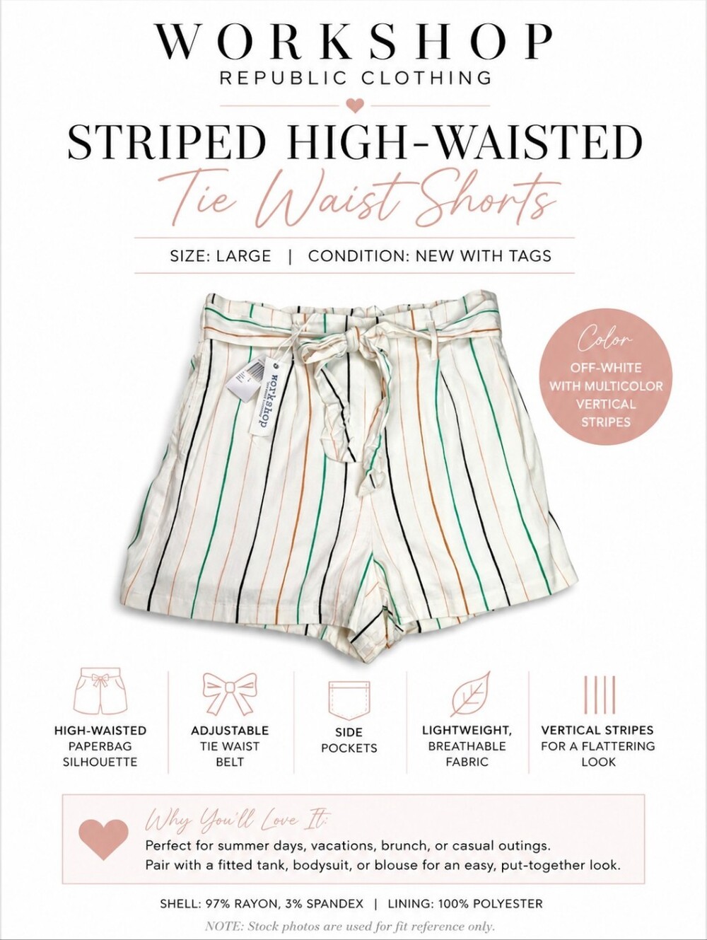 WORKSHOP Republic Clothing Women's Striped High-Waisted Rayon Blend Shorts L